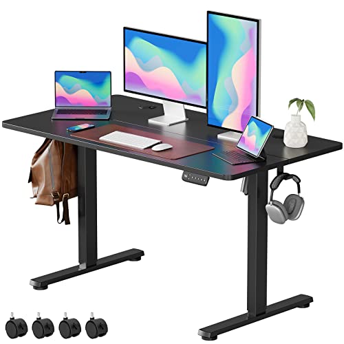 VOSATRON Height Adjustable Electric Standing Desk, 48 x 24 Inches Sit Stand Up Desk with Splice Board, Memory Computer Home Office Desk with Caster Wheels, Black Frame/Black Top