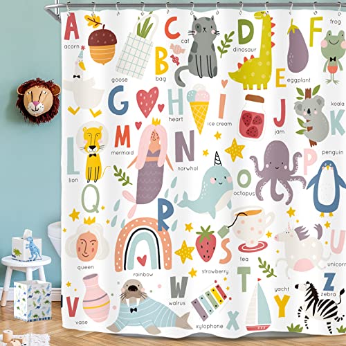 Riyidecor Kids Alphabet Shower Curtain for Bathroom Decor 72Wx72H ABC Educational Learning Tool Baby Cartoon Animals Colorful Girls Boys Art Printed Fabric Polyester Waterproof 12 Pack Plastic Hooks