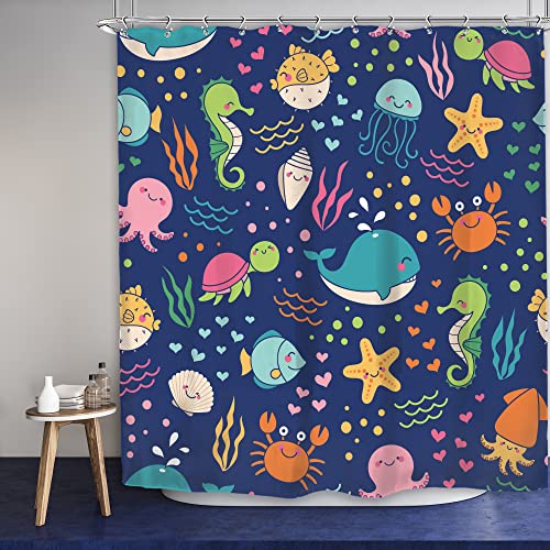 Imirell Sea Animals Shower Curtain Cartoon Fish Kids 60Wx72H Inch Undersea Cute Whales Dolphin Underwater Wild Life Blue Ocean Boys Girls Waterproof Polyester Fabric Bathroom Decorations with 12 Hooks