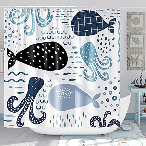 DESIHOM Blue Whale Shower Curtain Set Cool Funny Ocean Cartoon Shower Curtains for Bathroom Cute Kids Bathroom Decor Polyester Fabric-72" x 72"