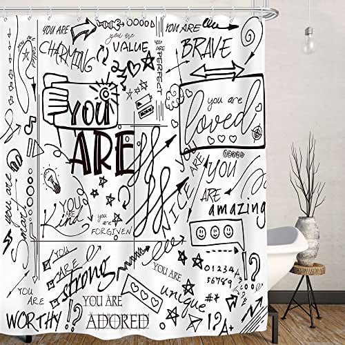 AMBZEK Teen Shower Curtain for Kids Funny Quotes 60Wx72L Inch Boy Girl Black White Shower Curtain Set Inspirational Abstract Bathroom Accessories You are Fabric Bathroom Decor 12 Pack Hooks