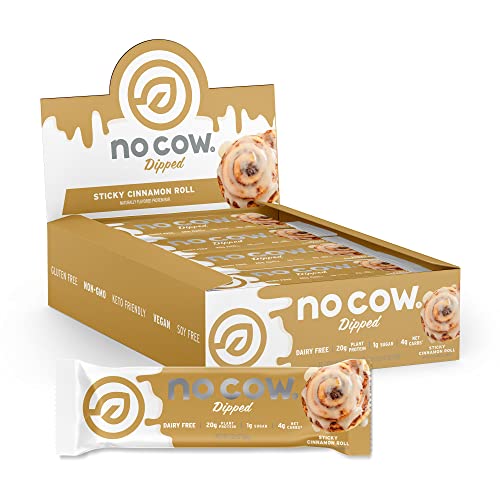 No Cow Dipped High Protein Bars, Sticky Cinnamon Roll, 20g Plant Based Protein, Keto Friendly, Low Carb, Low Sugar, Dairy Free, Gluten Free, Vegan, High Fiber, Non-GMO, 12 Count