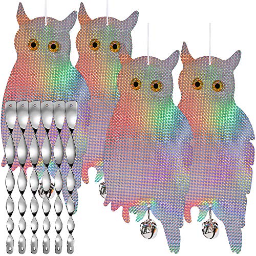 Dyvicl Fake Owl Hanging Reflective Owl for Woodpecker Deterrent 4 Pack, Bonus 6 Reflective Scare Spiral Rods