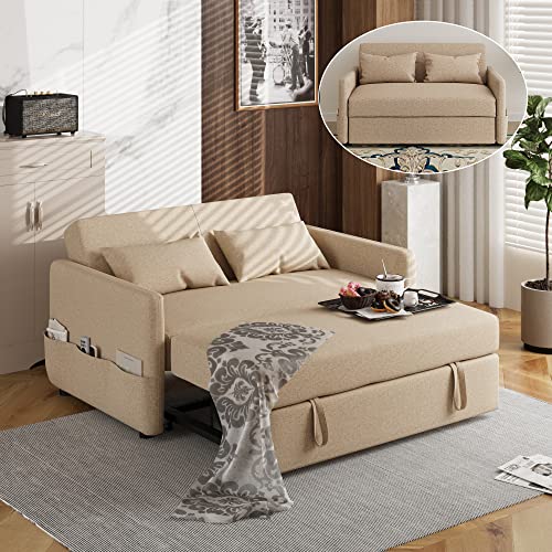 HUMEHA 57" Convertible Sleeper Sofa Bed, Faux Leather Loveseat Sofa Couch with Put Out Bed, Modern 2 Seats Sofa with Adjustable Back, 2 Pillows Side Pocket for Living Room Small Apartment RV, Khaki
