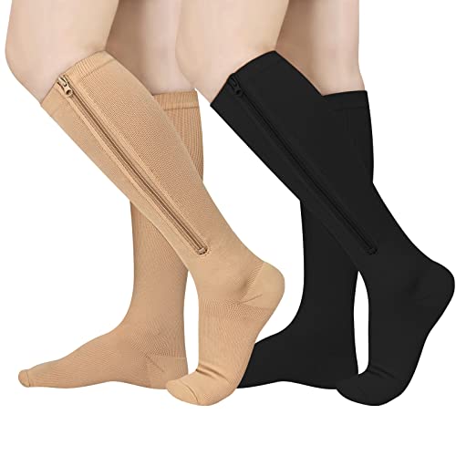 2 Pairs Zipper Compression Socks, 15-20 mmHg Closed Toe Compression Stocking with Zipper for Women and Men