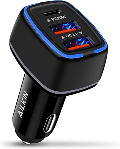 AILKIN 56W PD USB C Car Charger, Type-C Super Fast Power Charging Block 3-Port USB A & USBC Auto Cargador Carro Lighter Adapter for iPhone, iPad, Samsung Galaxy, LG, Google Pixel, Moto, USB-C&A Port