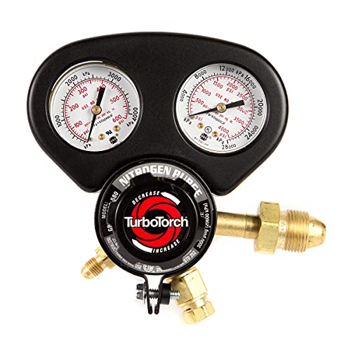 TURBOTORCH 0386-0875 G Series Nitrogen Purge Regulator, Low Profile Design, Easy Grip Knobs, 2" Gauges, Gauge Guard, Alloy Bonnet, 500 PSI Delivery, 1/4" Flare Fitting, Single Stage Regulator