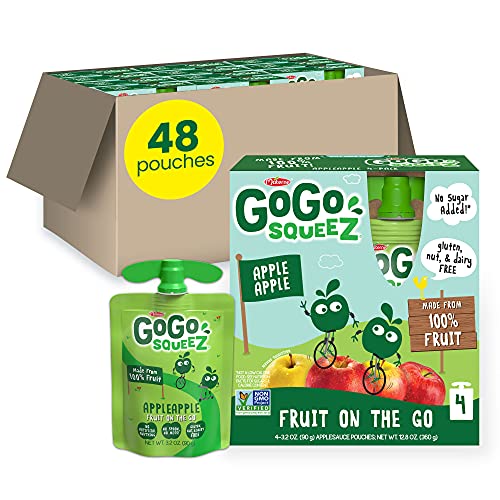 GoGo squeeZ Fruit on the Go, Apple Apple, 3.2 oz (Pack of 48), Unsweetened Fruit Snacks for Kids, Gluten Free, Nut Free and Dairy Free, Recloseable Cap, BPA Free Pouches
