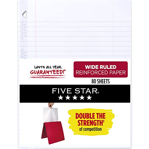 Five Star Loose Leaf Paper, 3 Hole Punch Notebook Paper, Reinforced Wide Ruled Filler Paper, Fights Ink Bleed, 8" x 10-1/2", 80 Sheets per Pack (150002-23) White