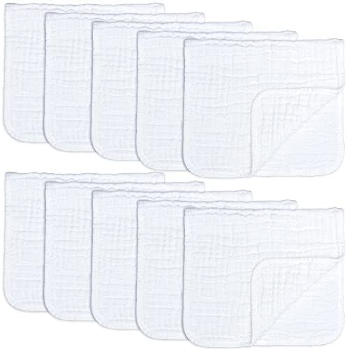 Comfy Cubs Muslin Burp Cloths Large 100% Cotton Hand Washcloths for Babies, Baby Essentials 6 Layers Extra Absorbent and Soft Boys & Girls Baby Rags for Newborn Registry (White, 10-Pack, 20" X10")