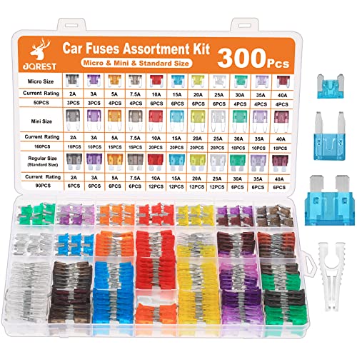 JOREST 300Pcs Car Fuse Assortment Kit, 160 Mini Blade Fuses Automotive + 90 Standard Auto Fuses + 50 Micro Fuse + Fuse Puller  for Car/RV/Truck/Motorcycle(2Amp 3A 5A 7.5A 10A 15A 20A 25A 30A 35A 40A)