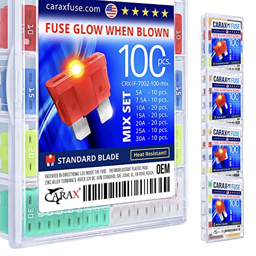 CARAX Glow Fuse  Premium Fuse Standard/Regular Blade ATC/ATO/ATS  100 pcs. Assortment Kit  Glow When Blown LED Automotive Fuse  Smart Auto Glow Fuse Easy Identification  Mix 100 pcs.