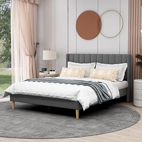 AGARTT Upholstered Platform Bed Frame Queen Size with Headboard and Footboard/Wooden Slats Support/No Box Spring Needed/Easy Assembly,Grey Velvet