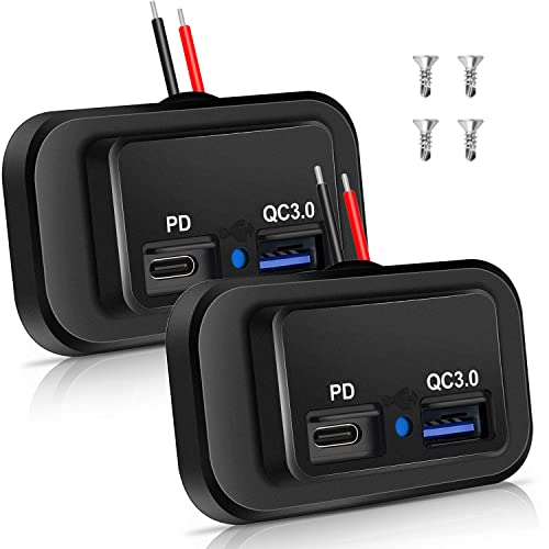 2PCS 12V/24V RV USB Outlet, Dual PD3.0 Type-C (USB C) & Quick Charge QC3.0 USB-A Port Panel Mount Automotive Car USB Socket Charger Power Adapter for RV Marine Boat Bus ATV Motorcycle Truck Golf Cart