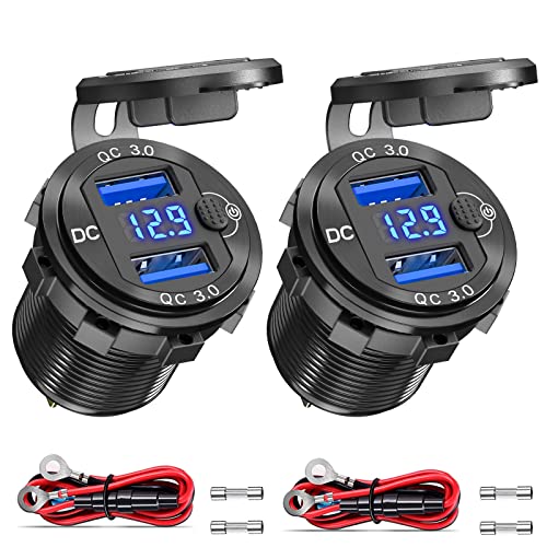 12V USB Outlet 2 Pack, Dual Quick Charge 3.0 12V Socket USB Charger with LED Voltmeter and Power Switch, Waterproof Aluminum Car Charger Adapter for RV Marine Motorcycle Truck Golf Cart RV etc.