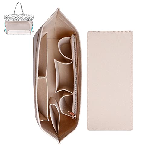 Doxo Purse Organizer Insert for Handbags & Base Shaper 2pc Set,Felt Organizer Insert Large Tote,Bag Organizer with Zipper 3 Sizes,Fit Speedy Neverfull MM and More(Beige-L-Combination)
