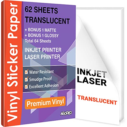 Translucent Vinyl Sticker Paper 62 Sheets for Inkjet & Laser Printer - Self-Adhesive Water-Resistant, Dries Quickly Vivid Colors, 8  x 11 inches Holds Ink well- Decal Label Tear Resistant.