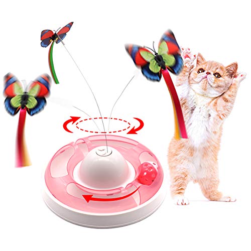 Cat Interactive Toys for Indoor Cats, Automatic Electronic Rotating Butterfly Toy with Roller Tracks Ball, Kitten Exercise Hunting Toy Games for Cats Pet, 2 Butterfly Replacements (Pink)