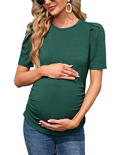 FUNJULY Maternity Shirts Women's Knit Ribbed Round Neck Puff Short Sleeve T-Shirt Pregnancy Casual Side Ruched Tunic Tee Tops Dark Green M