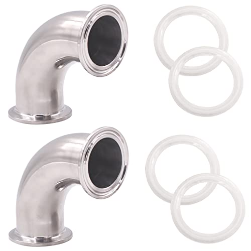 DERNORD 2 Pack 1.5" Tube OD Sanitary Ferrule Elbow 90 Degree Pipe Fitting with 4 Silicone Gaskets SUS304 Tri Clamp 1.5 Inch