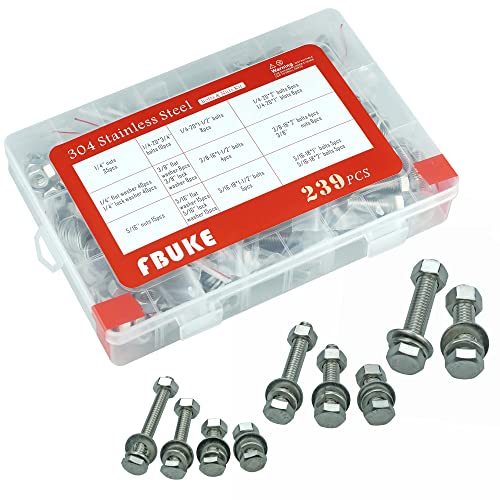 Nuts and Bolts Assortment Kit, 239pcs High-Quality 304 Stainless Steel SAE Hex Bolt and Nut Sets, 9 Assorted Size UNC (1/4-20, 5/16-18, 3/8-16) Machine Screw Assortment Kit, FBUKE