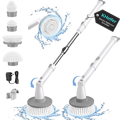 kHelfer Electric Spin Scrubber, KH8W 2023 New Cordless Shower Scrubber with 4 Replacement Head, 1.5H Bathroom Scrubber Dual Speed, Shower Cleaning Brush with Extension Arm for Bathtub Grout Tile Floor