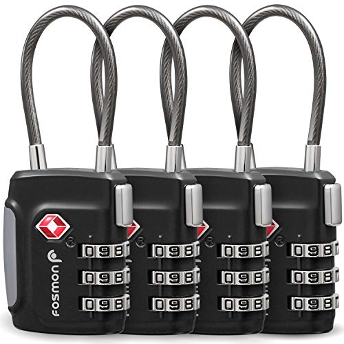 Fosmon TSA Accepted Cable Luggage Locks, (4 Pack) Re-settable Easy to Read 3 Digit Combination with Alloy Body and Release Button for Travel Bag, Suit Case & Luggage - Black