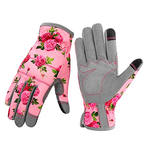 YRTSH Leather Gardening Gloves for Women, Flexible Breathable Garden Gloves,Thorn Proof Working Gloves Touch Screen Gardening Gifts - Small Pink