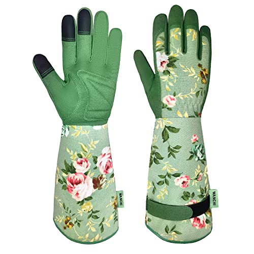 WANCHI Gardening Gloves for Women, Comfortable Floral Long Sleeve Garden Gloves for Gardening and Outdoor Work, Durable Leather Long Gardening Gloves, Great Gift Ideas for Ladies, Green Print (Large)