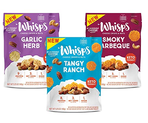 Whisps Cheese Crisps & Nuts Snack Mix | Healthy Snacks | Cheddar Cheese Keto Snack, Gluten Free, High Protein, Low Carb - Parmesan, Garlic, Ranch, Cheddar Cheese, BBQ (5.75 Oz, Pack of 3)