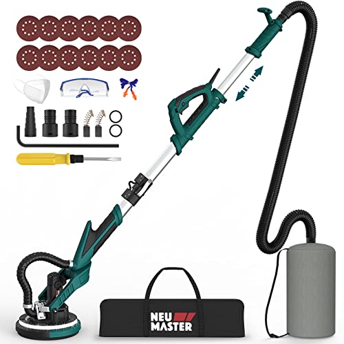 NEU MASTER Drywall Sander, Electric Drywall Sander Variable Speed Pole Sander with Vacuum, 900-1800RPM Foldable Ceiling Sander with 12 Sanding Discs, LED Light, Extendable Handle, Dust Bag and Hose