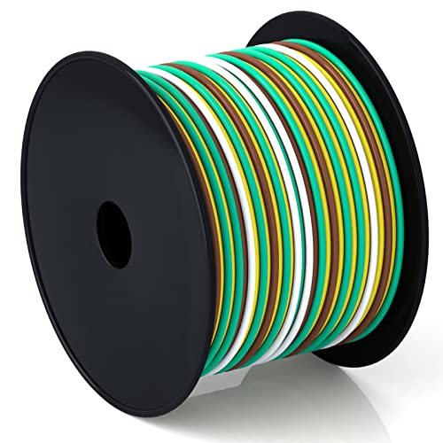 DOAUTO 100Foot Bonded 4-Way Trailer RV Camper Towing Boat Wiring Harness Wire Spool, Primary 4-Wire 14 Gauge Copper Trailer RV Wire, Ideal for All Basic Wiring Needs(Green, Yellow, Brown, White)