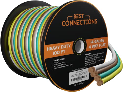 BEST CONNECTIONS 4 Way Bonded Flat Trailer Wire (100 Feet)  14 Gauge 4 Single Conductor Primary Wire - Durable, Weatherproof, Color-Coded 4 Pin Trailer Wiring Extension for Trailer and Automotive