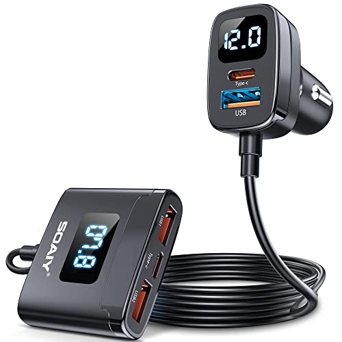 78W Fast Charging USB C Car Charger, 5 Port Car Phone Charger with Voltage Display, 5FT Extention PD&QC 3.0 Type C Car Charger for Back Seat for iPhone iPad Samsung Pixel Phones