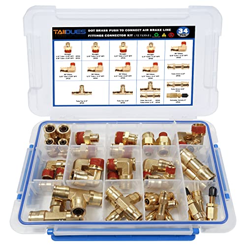 DOT Brass Air Line Quick Connect Fittings Assortment, 34 Pcs DOT Push to Connect Air fittings 1/4" 3/8" 1/2" Air Fitting Kit with 1/4" Schrader Valve Air Line Fittings for Trucks or Industrial