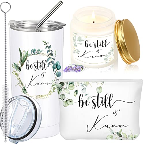 Sieral Christian Gifts for Women Faith Be Still and Know Travel Mug Tumbler Lavender Prayer Candle Religious Bible Verse Cosmetic Bag Makeup Pouch Inspirational