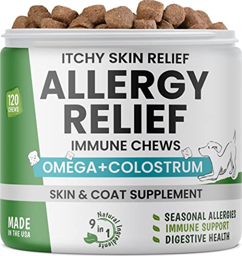 Allergy Relief Dog Chews - Itchy Skin Relief w/Omega 3 + Probiotics + Colostrum - Seasonal Allergies - Anti-Itch Treats - Skin & Coat + Immune Supplement - Made in USA - Chicken Flavor - 120 Ct