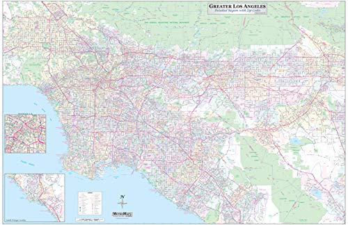 Los Angeles-Orange County-Riverside Detailed Region Wall Map (67"x44") w/Zip Codes (Laminated)