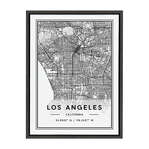 Kate and Laurel Sylvie Los Angeles Modern Map Framed Canvas Wall Art by Jake Goossen, 18x24 Gray, Decorative Map Art for Wall