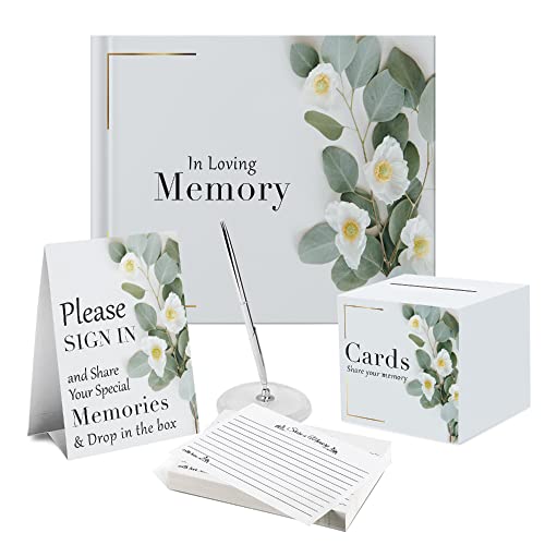 7 pcs Guest Book Set, Funeral Guest Book, Includes: Guestbook, 50 Memory Cards, Ball Pen+Pen Stand, Table Sign, Card Box, Mailer Box, Celebration of Life Guest Book, Registry Book, Memory Book