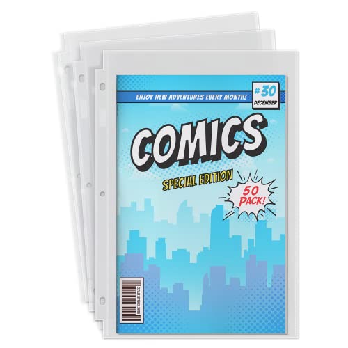 Dunwell Comic Book Binder Sleeves - (50 Pack), Super Heavyweight Protector Sheets, 3-Hole Punched for Comic Book Storage Album or Standard 3-Ring Binder, Archival Quality for Collectors