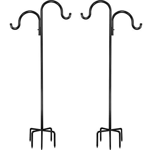 Outdoor Double Shepherds Hook/Bird Feeder Pole Outside 92 Inch with 5 Prongs Base, Pinziren Tall Heavy Duty Garden Hanger Stand (2 Pack), Adjustable Hanging Plant Holder for Wind Chime,Lantern,Decor