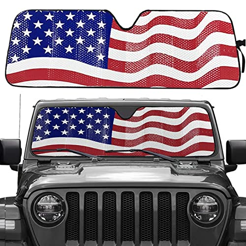 Big Ant Windshield Sun Shade for Jeep Wrangler,America Flag Car Shade Front Windshield Designed for Jeep Sahara Rubicon Wrangler JK JL CJ YJ TJ,Foldable Dashboard Shield Sun Visor for UV and Heat