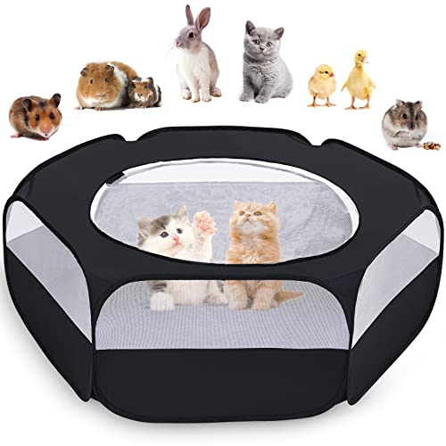 Small Animal Playpen, SKYKA Pet Playpens, Rabbit Playpen Cat Playpen with Cover Top Guinea Pig Toys Playpen for Hamster/Ferret/Bunny/Kitten/Chick Brooder Box Cage Tent, Indoor Outdoor Waterproof Black