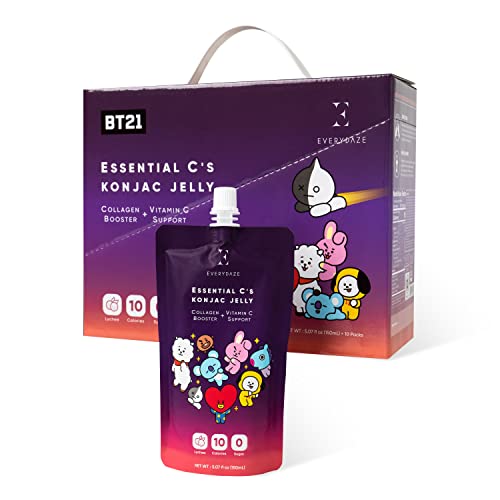 EVERYDAZE BT21 Essential Cs Collagen + Vitamin C Konjac Jelly | Vegan, 10 Calories, 0 Sugar | Lychee | 10 Packs | Healthy Diet Pouch Drinkable Snack Drink, Weight Management