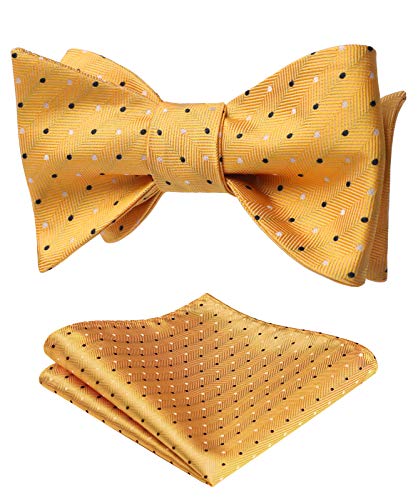 HISDERN Yellow Bow Ties for Men Polka Dots Self-Tie Bow Tie and Pocket Square Classic Formal Business Bowtie Tuxedo Wedding Bowties Handkerchief Set