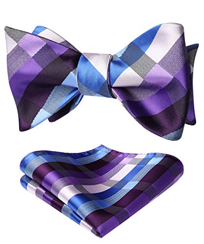 Men's Bow Tie Check Plaid Self Tie Bow Ties and Pocket Square Classic Purple Bowtie Formal Tuxedo Wedding Bowties Handkerchief Set