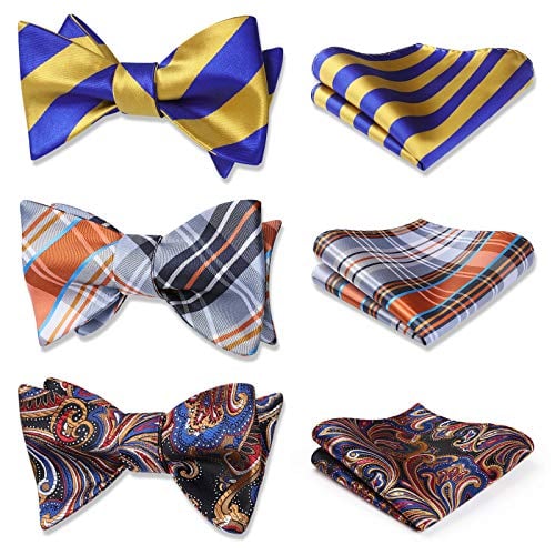HISDERN Men's Self-Tie Bow tie Stripe 3pcs Mixed Bow Ties for Men and Pocket Square Set Classic Formal Tuxedo Wedding & Party Bowtie