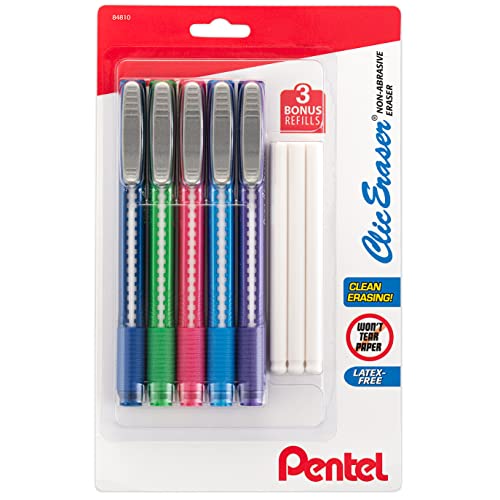 Pentel Clic Eraser, Retractable Eraser Pen Style Grip - Pack of 5 Assorted Colors with 3 Refills