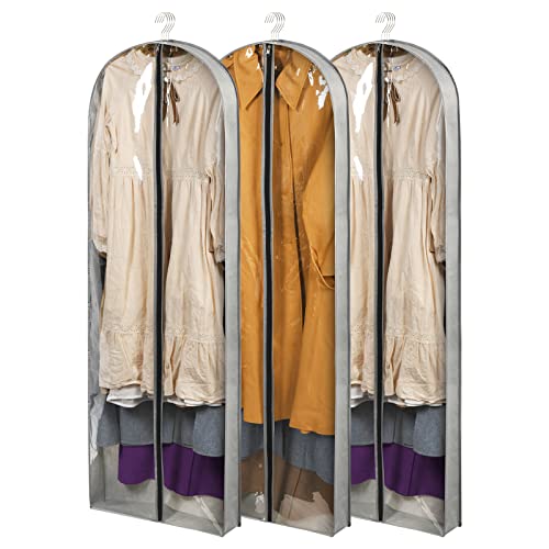 Belinlen 3 Pack 60" Long Garment Bags for Hanging Clothes Storage, Clear Moth Proof Suits Covers with 4" Gussets for Closet Storage Travel, Plastic Protector for Dress Gowns, Coats, Suit, Down Jacket